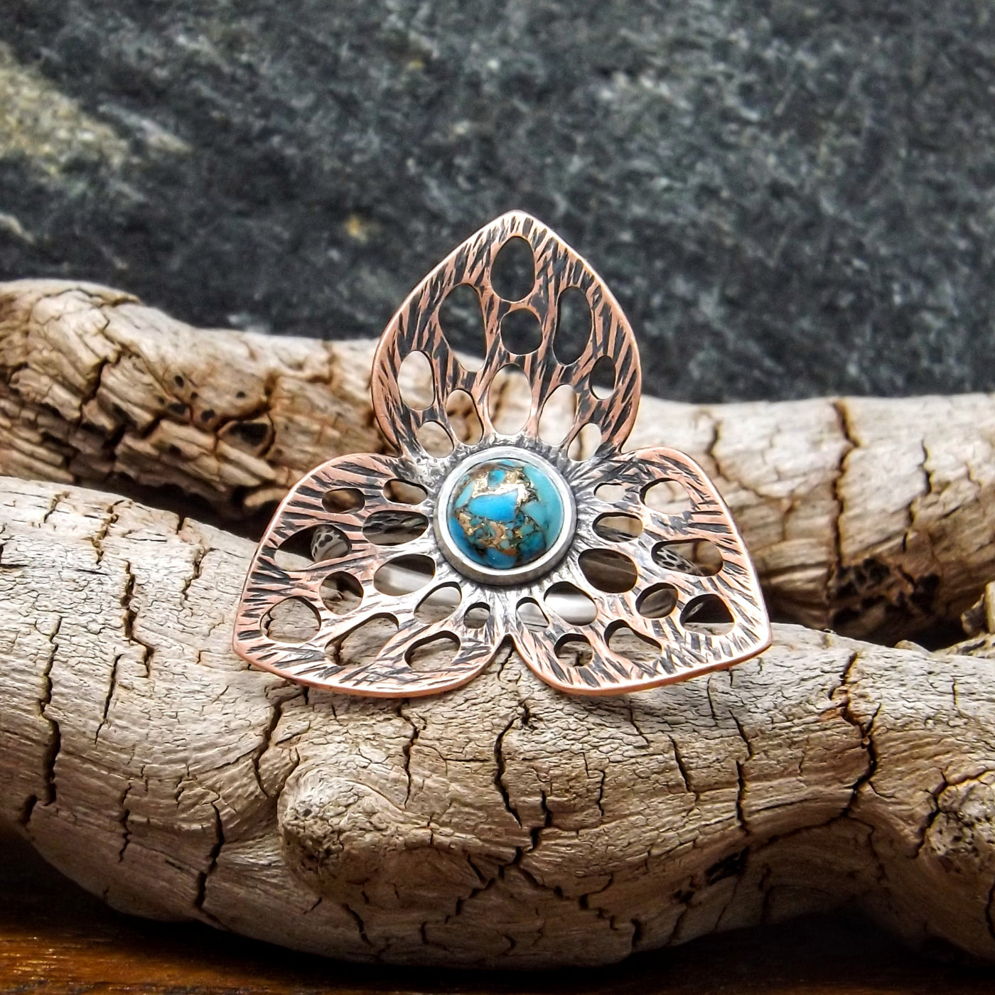 Copper Silver Turquoise Flower Ring