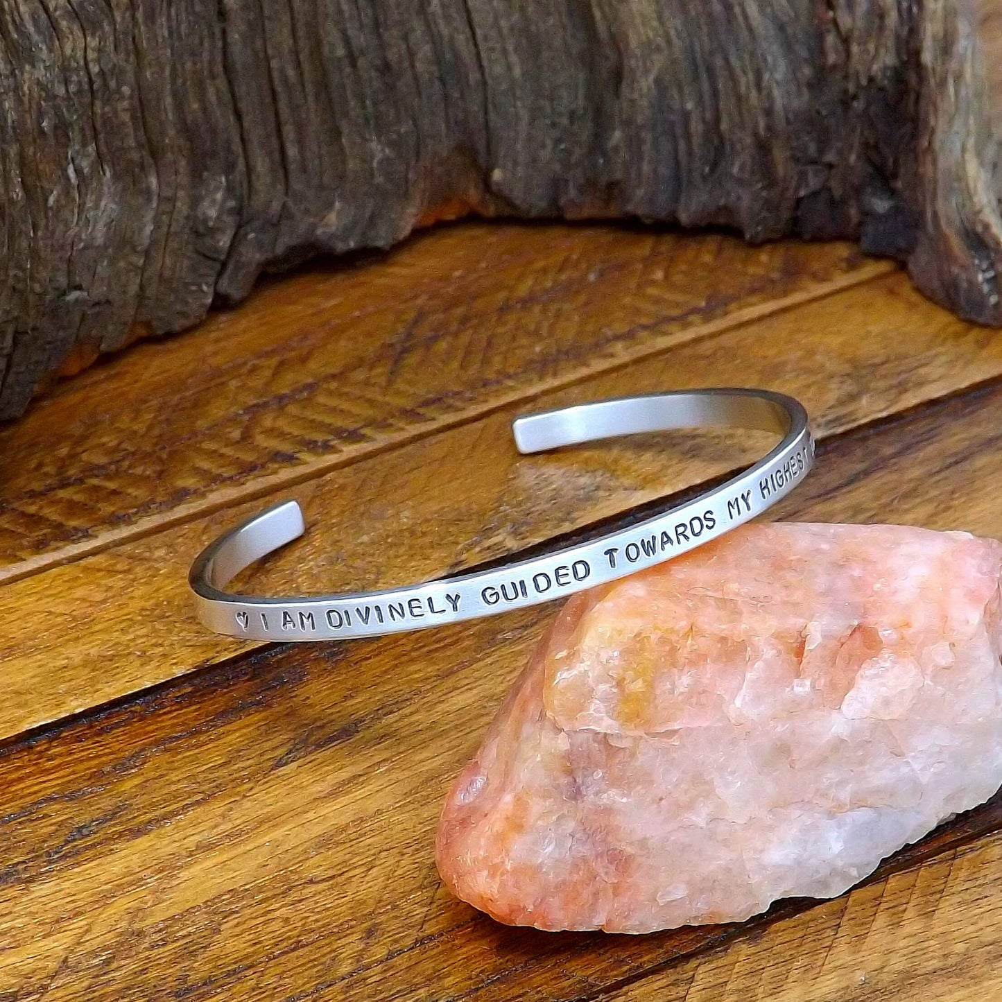 Sterling Silver Affirmation Cuff Bracelet – “I Am Divinely Guided Towards My Highest Good”