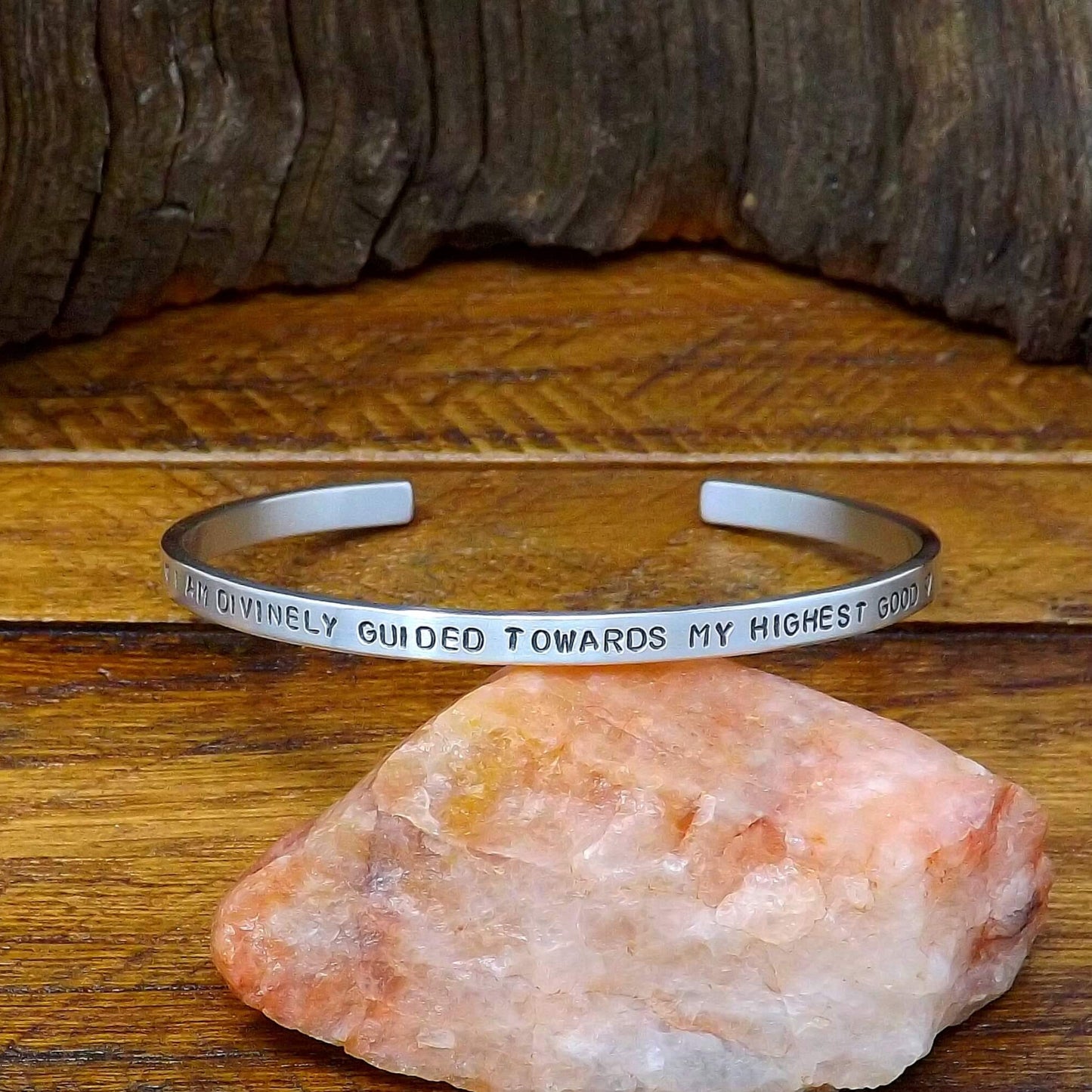 Sterling Silver Affirmation Cuff Bracelet – “I Am Divinely Guided Towards My Highest Good”