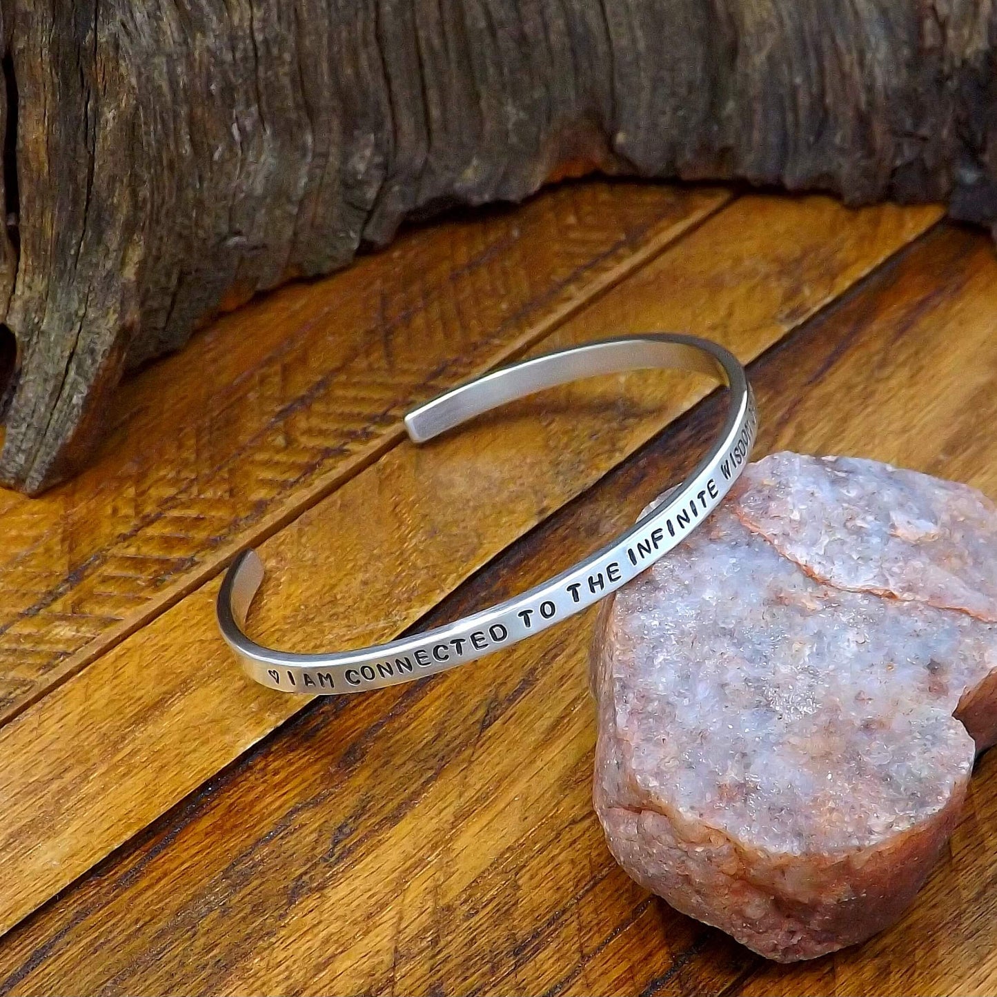 Sterling Silver Affirmation Cuff Bracelet – “I Am Connected to the Infinite Wisdom of the Universe”