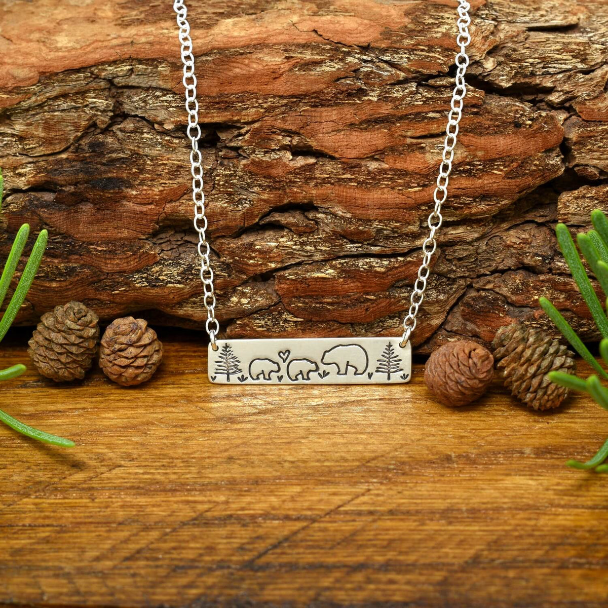 Mama Bear & Two Baby Bears Sterling Silver Bar Necklace