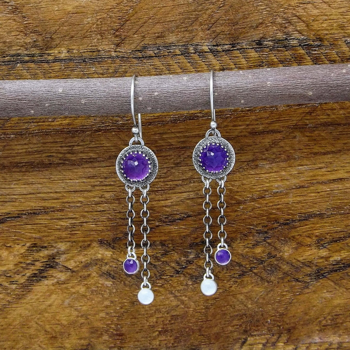 Amethyst and Rainbow Moonstone Heart Accent Dangle Earrings