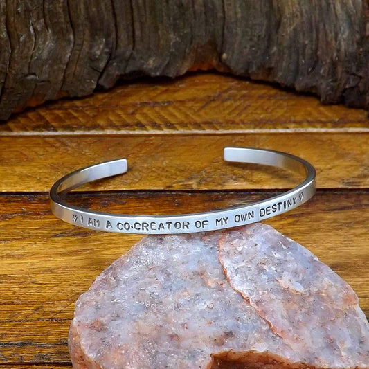 Sterling Silver Affirmation Cuff Bracelet – “I Am a Co-Creator of My Own Destiny”