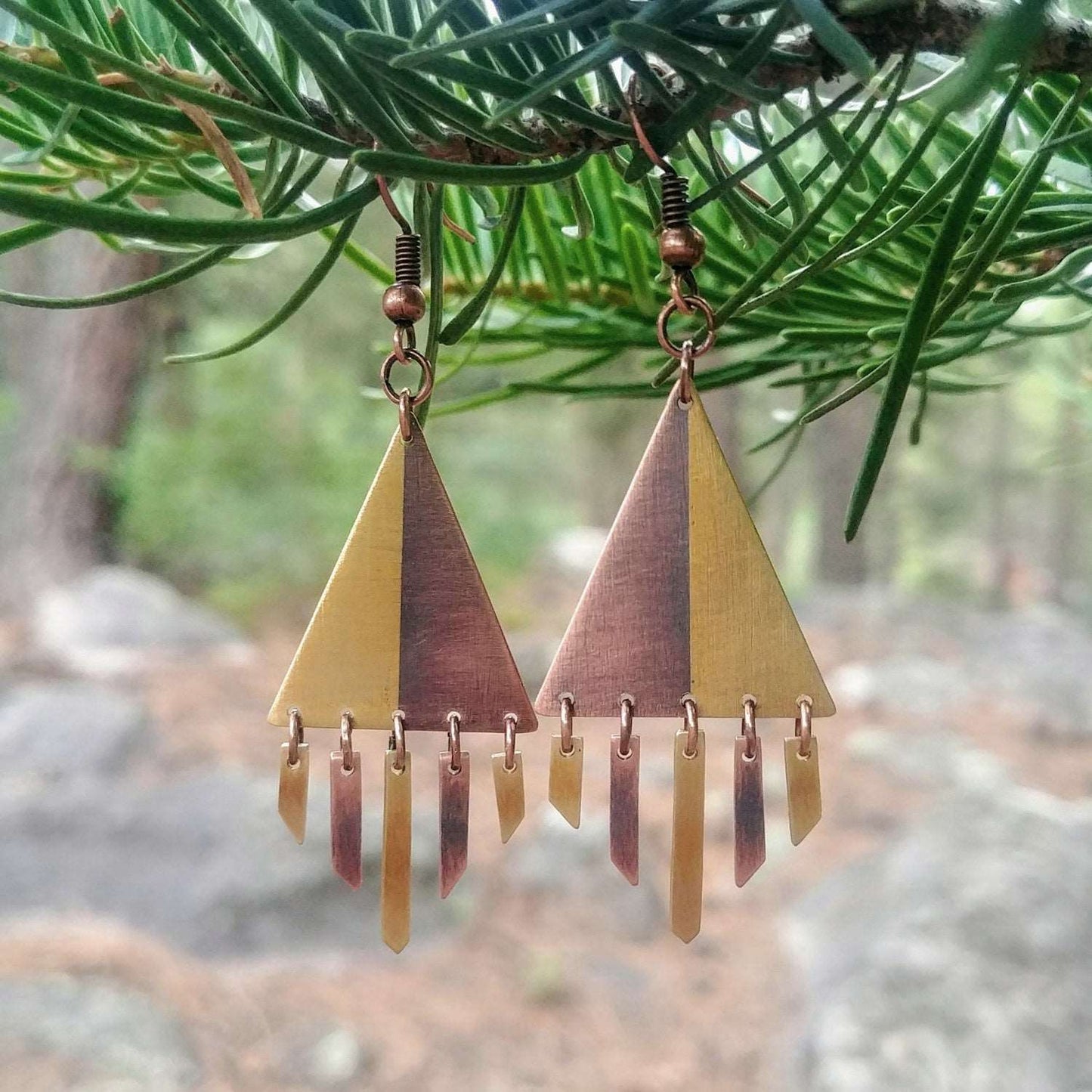 Copper Brass Geometric Triangle Dangle Earrings