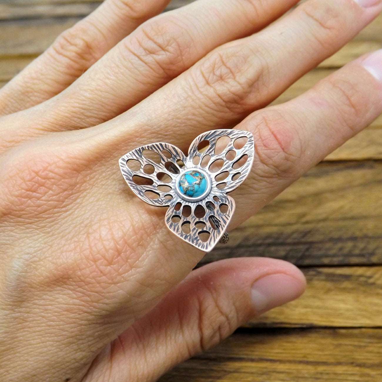 Copper Turquoise Flower Ring