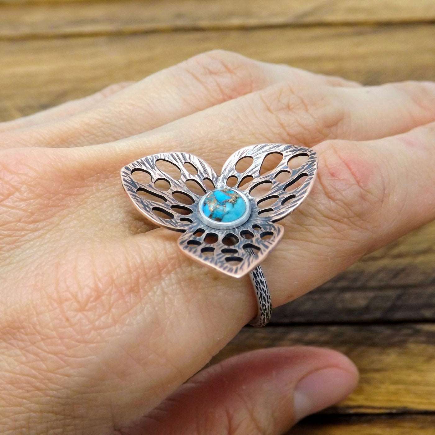 Copper Turquoise Flower Ring