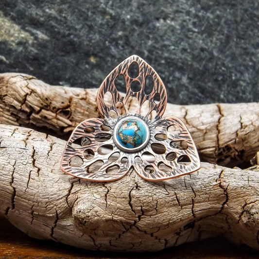 Copper Silver Turquoise Flower Ring