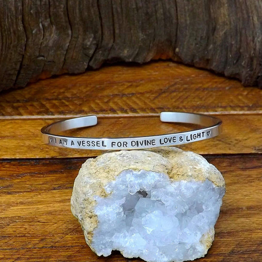 Sterling Silver Affirmation Cuff Bracelet – “I Am a Vessel for Divine Love & Light”