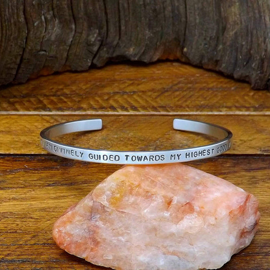 Sterling Silver Affirmation Cuff Bracelet – “I Am Divinely Guided Towards My Highest Good”