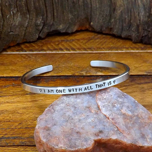 Sterling Silver Affirmation Cuff Bracelet – “I Am One with All That Is”