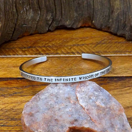 Sterling Silver Affirmation Cuff Bracelet – “I Am Connected to the Infinite Wisdom of the Universe”