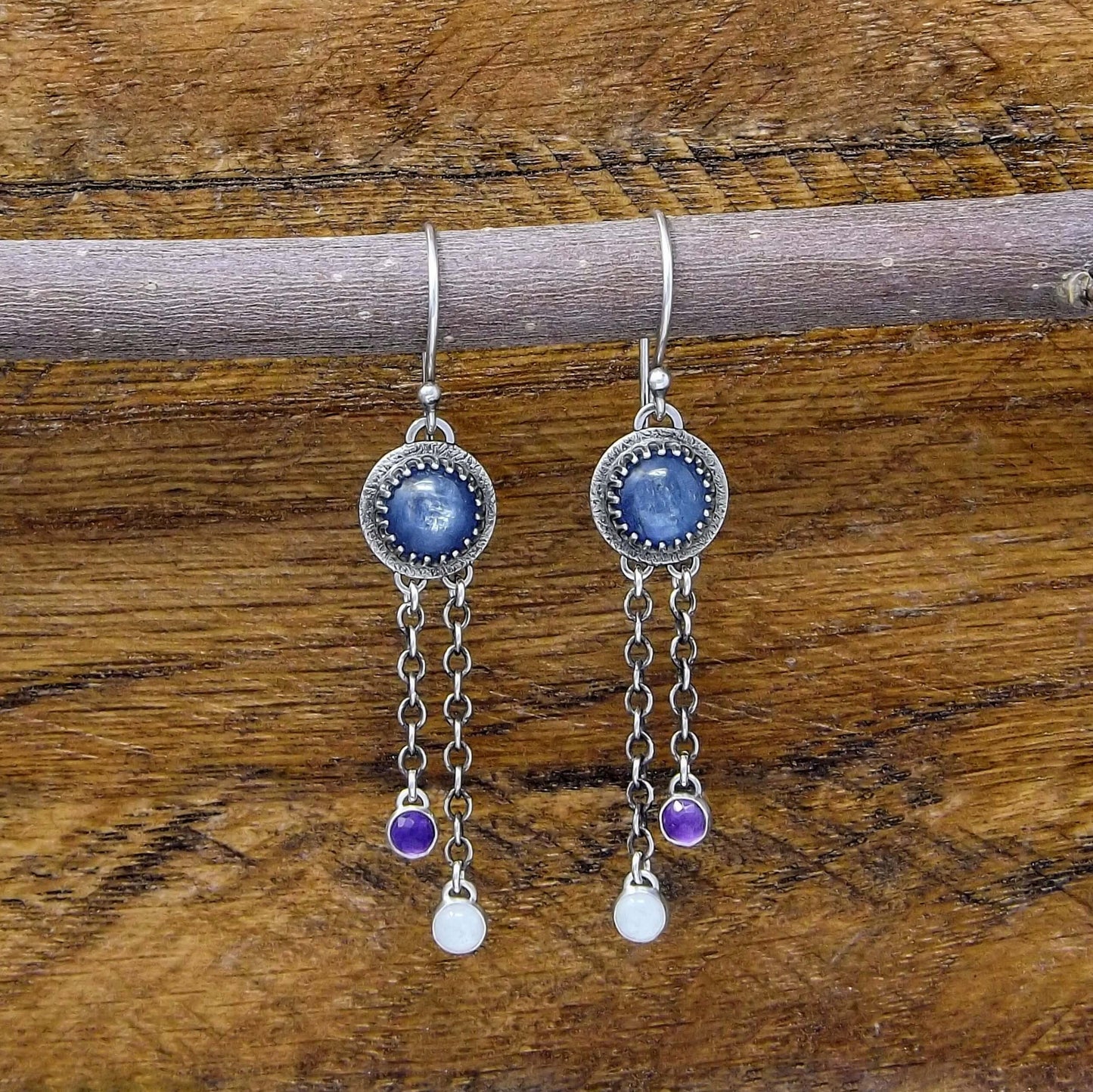 Kyanite, Amethyst, and Rainbow Moonstone Heart Accent Dangle Earrings