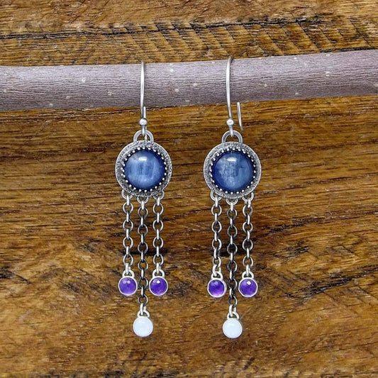 Kyanite, Amethyst, and Rainbow Moonstone Heart Accent Dangle Earrings