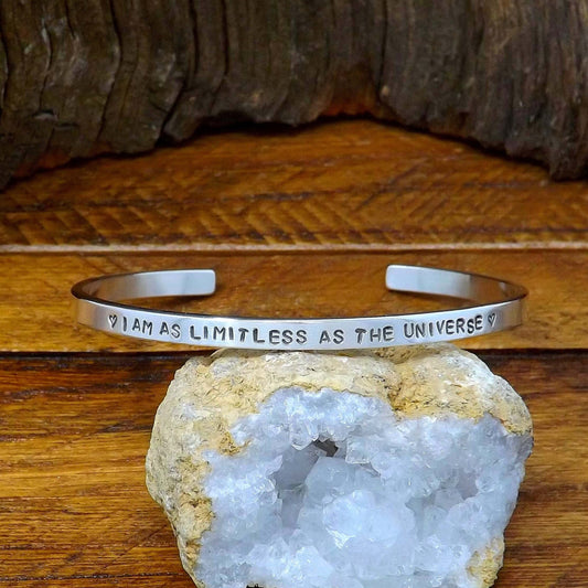 Sterling Silver Affirmation Cuff Bracelet – “I Am as Limitless as the Universe”