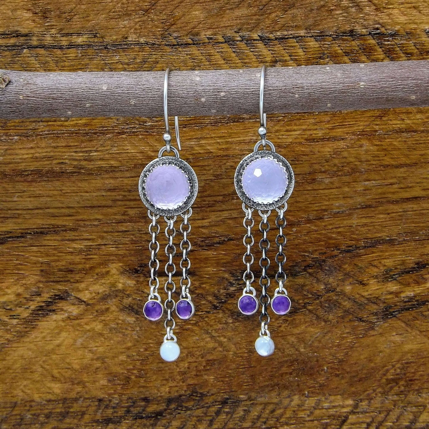 Amethyst and Rainbow Moonstone Heart Accent Dangle Earrings