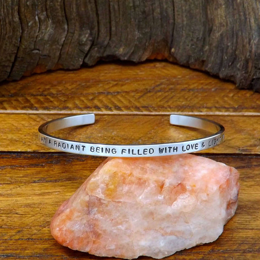 Sterling Silver Affirmation Cuff Bracelet – “I Am a Radiant Being Filled with Love & Light”