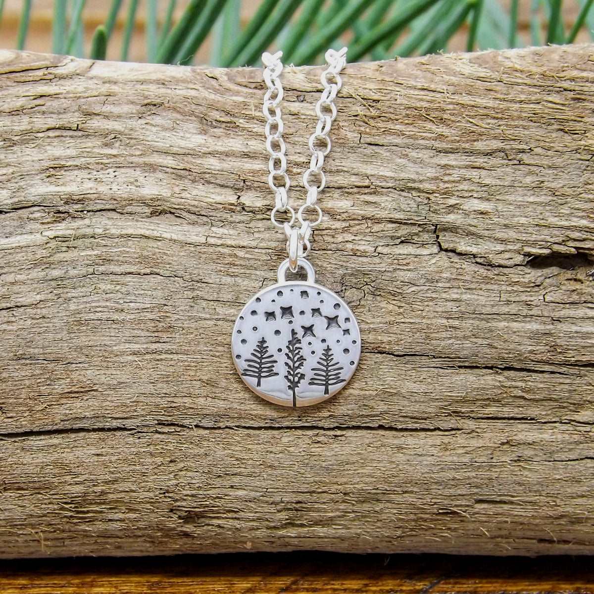 Sterling Silver Starry Night Forest Charm Necklace