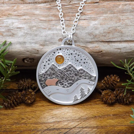 Sterling Silver Copper Gold Sunstone Starry Night Mountain Necklace