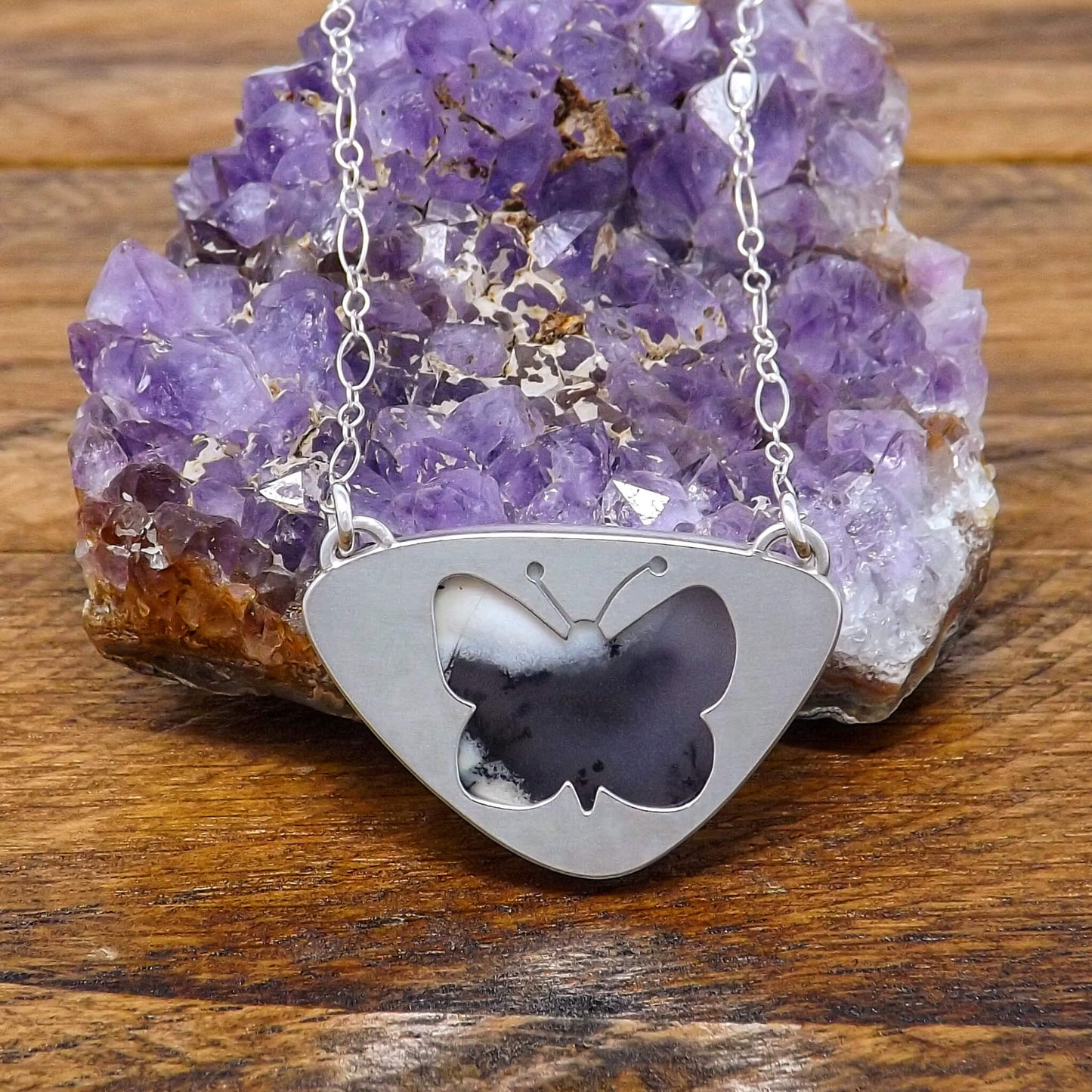 Sterling silver butterfly dendritic opal necklace