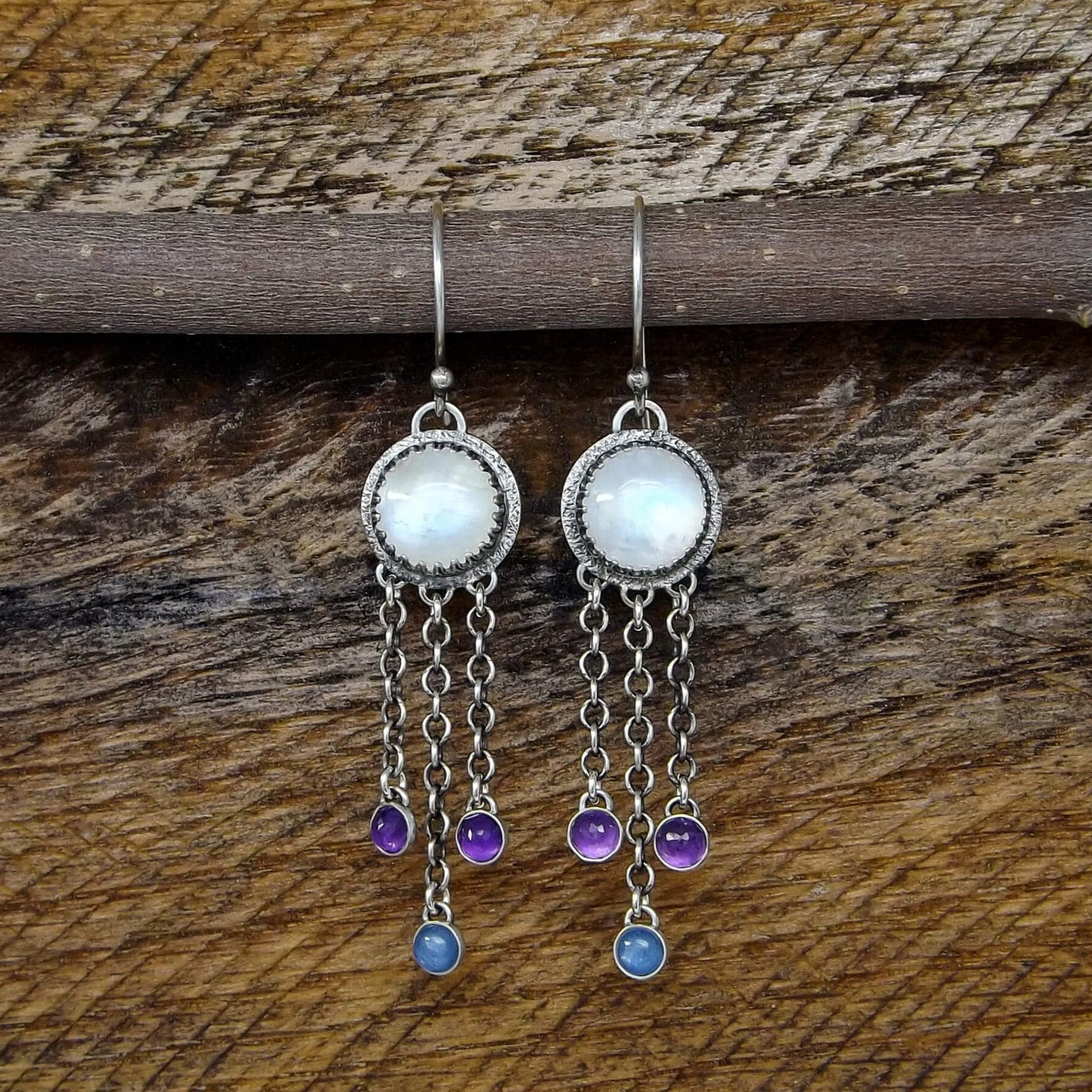 Rainbow Moonstone, Amethyst, and Kyanite Heart Accent Dangle Earrings