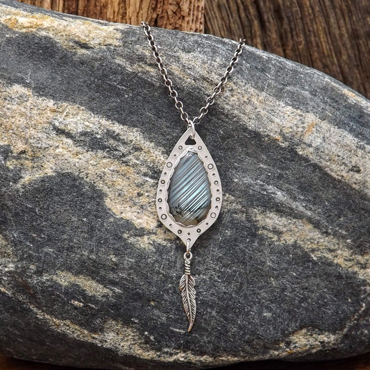 Sterling silver labradorite feather charm necklace