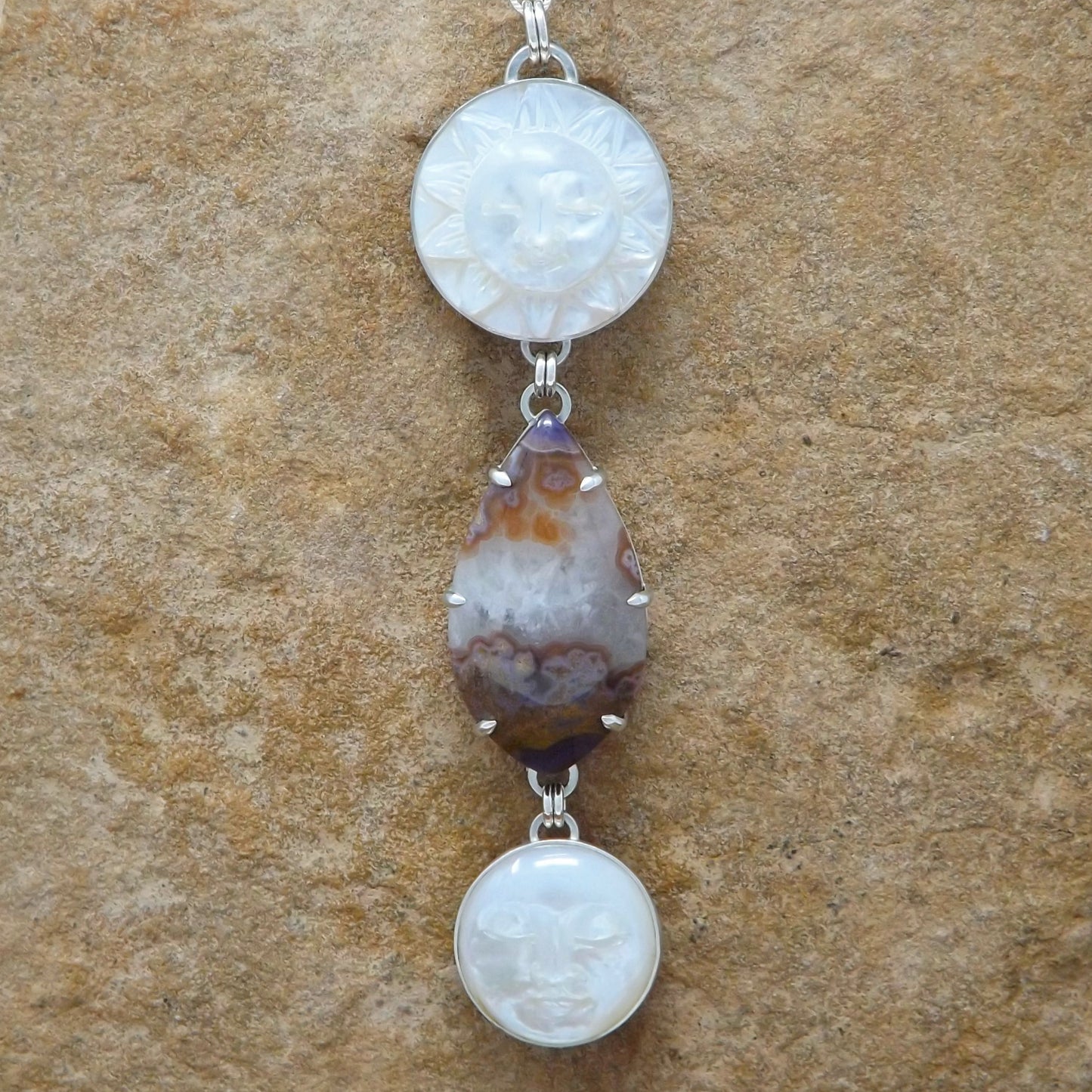 Mother of Pearl Sun and Moon Purple Passion Agate Necklace