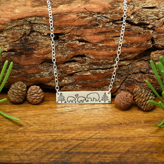 Mama Bear & Two Baby Bears Sterling Silver Bar Necklace