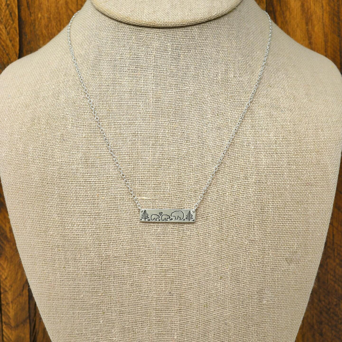 Mama Bear & Two Baby Bears Sterling Silver Bar Necklace